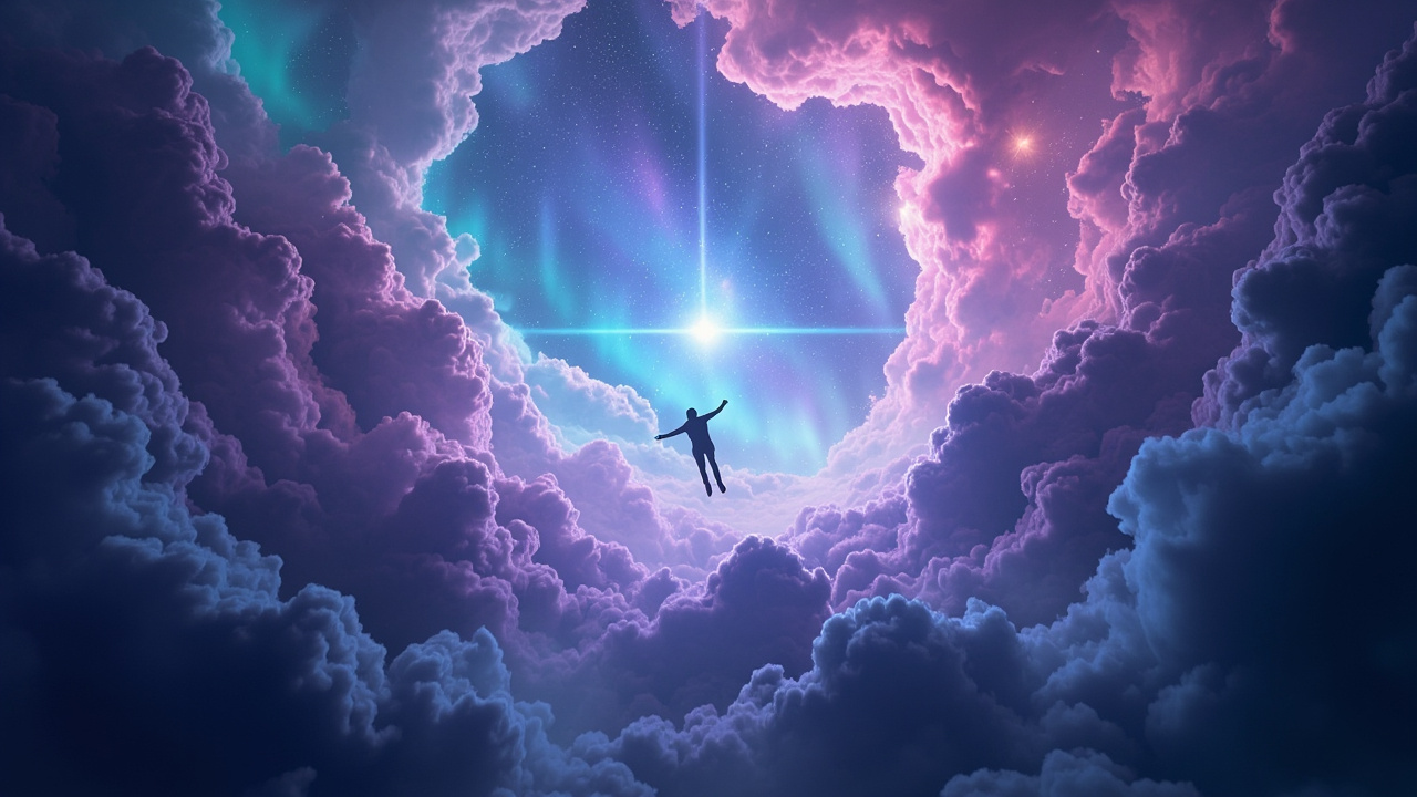 A person floating through a vivid dreamscape of colorful clouds and cosmic light — representing the cinematic dream visualization powered by Dreamvio